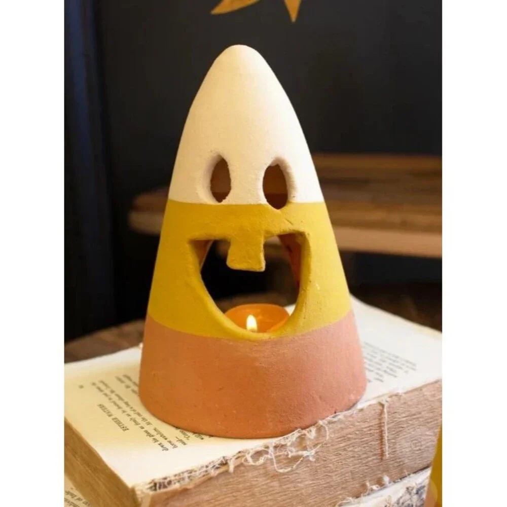Terra Cotta Candy Corn Halloween Lanterns – Set of 2 – 7” Tall